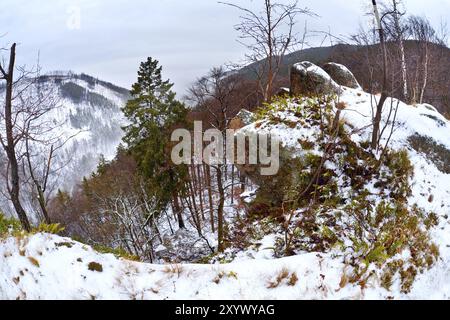 Vue sur les montagnes Harz d'hiver de la falaise Ilsestein, fisheye vue Banque D'Images