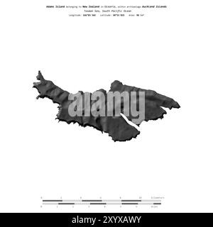 Adams Island dans la mer de Tasman, appartenant à la Nouvelle-Zélande, isolé sur une carte d'altitude à deux niveaux, avec échelle de distance Banque D'Images