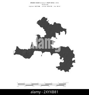 Île Amtaedo dans la mer jaune, appartenant à la Corée du Sud, isolée sur une carte d'altitude à deux niveaux, avec échelle de distance Banque D'Images