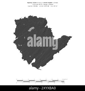 Anglesey Island dans la mer d'Irlande et George's Channel, appartenant au Royaume-Uni, isolé sur une carte d'altitude à deux niveaux, avec échelle de distance Banque D'Images