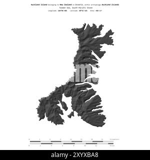 Île d'Auckland dans la mer de Tasman, appartenant à la Nouvelle-Zélande, isolée sur une carte d'altitude à deux niveaux, avec échelle de distance Banque D'Images