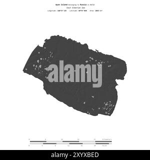 Île d'Ayon dans la mer de Sibérie orientale, appartenant à la Russie, isolée sur une carte d'altitude à deux niveaux, avec échelle de distance Banque D'Images