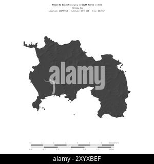 Île d'Anjwa-do dans la mer jaune, appartenant à la Corée du Sud, isolée sur une carte d'altitude à deux niveaux, avec échelle de distance Banque D'Images