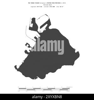Île de Bur Dubaï dans le golfe Persique, appartenant aux Émirats Arabes Unis, isolée sur une carte d'altitude à deux niveaux, avec échelle de distance Banque D'Images