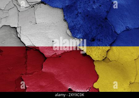 Drapeaux de Pologne et d'Ukraine peints sur un mur fissuré Banque D'Images