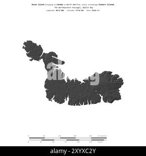 Île Devon dans la baie de Baffin, appartenant au Canada, isolée sur une carte à deux niveaux, avec échelle de distance Banque D'Images