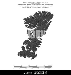 Île Ellesmere dans la baie de Baffin, appartenant au Canada, isolée sur une carte à deux niveaux, avec échelle de distance Banque D'Images