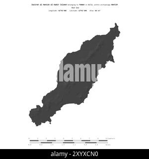 Île de Jazirat al Hanish al Kabir dans la mer Rouge, appartenant au Yémen, isolée sur une carte à deux niveaux, avec échelle de distance Banque D'Images
