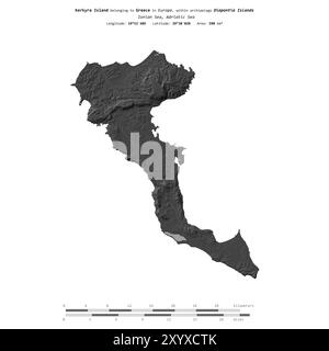 Île Kerkyra dans la mer Ionienne, appartenant à la Grèce, isolée sur une carte d'altitude à deux niveaux, avec échelle de distance Banque D'Images