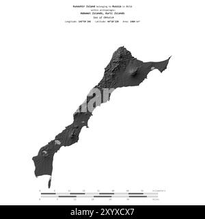 Île de Kunashir dans la mer d'Okhotsk, appartenant à la Russie, isolée sur une carte d'altitude à deux niveaux, avec échelle de distance Banque D'Images