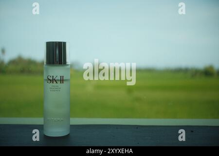 Tabanan, Bali, Indonésie - 27 août 2024 : SK-II produit de soin de la peau pour le soin du visage essence avec paysage de champs de riz Banque D'Images