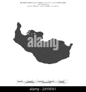 Nouvelle île de Sibérie dans la mer de Sibérie orientale, appartenant à la Russie, isolée sur une carte d'altitude à deux niveaux, avec échelle de distance Banque D'Images