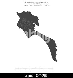 Ile de Noirmoutier dans le golfe de Gascogne, appartenant à la France, isolée sur une carte d'altitude à deux niveaux, avec échelle de distance Banque D'Images