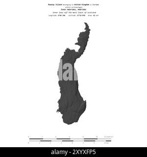 Île Raasay dans les mers intérieures au large de la côte ouest de l'Écosse, appartenant au Royaume-Uni, isolée sur une carte d'altitude à deux niveaux, avec échelle de distance Banque D'Images