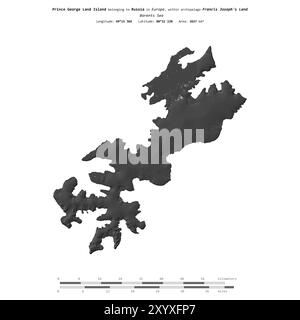 Prince George Land Island dans la mer de Barents, appartenant à la Russie, isolé sur une carte d'altitude à deux niveaux, avec échelle de distance Banque D'Images