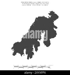 Île Prince Patrick dans la mer de Beaufort, appartenant au Canada, isolée sur une carte d'altitude à deux niveaux, avec échelle de distance Banque D'Images