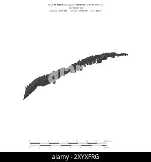 Isla de Roatan dans la mer des Caraïbes, appartenant au Honduras, isolé sur une carte d'altitude à deux niveaux, avec échelle de distance Banque D'Images