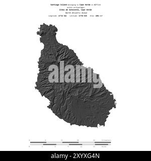 Île Santiago dans l'océan Atlantique Nord, appartenant au Cap Vert, isolée sur une carte d'altitude à deux niveaux, avec échelle de distance Banque D'Images