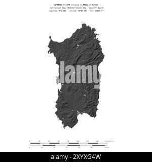 Île Sardaigne dans la mer Tyrrhénienne, appartenant à l'Italie, isolée sur une carte d'altitude à deux niveaux, avec échelle de distance Banque D'Images