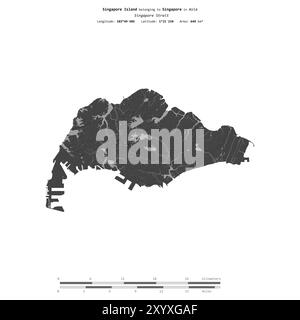 Île de Singapour dans le détroit de Singapour, appartenant à Singapour, isolée sur une carte à deux niveaux, avec échelle de distance Banque D'Images