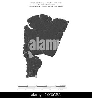 Île Somerset dans les passages du Nord-Ouest, appartenant au Canada, isolée sur une carte d'altitude à deux niveaux, avec échelle de distance Banque D'Images