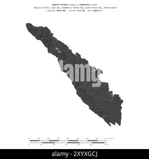 Île de Sumatra dans la mer de Java, appartenant à l'Indonésie, isolée sur une carte d'altitude à deux niveaux, avec échelle de distance Banque D'Images