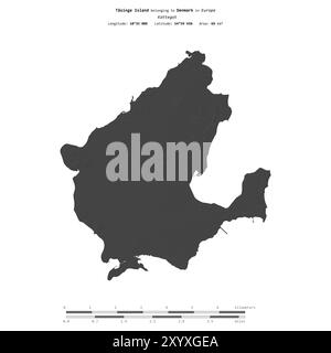Tasinge Island dans le Kattegat, appartenant au Danemark, isolé sur une carte d'altitude à deux niveaux, avec échelle de distance Banque D'Images