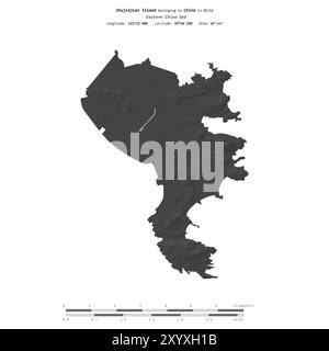 Île de Zhujiajian dans la mer de Chine orientale, appartenant à la Chine, isolée sur une carte d'altitude à deux niveaux, avec échelle de distance Banque D'Images