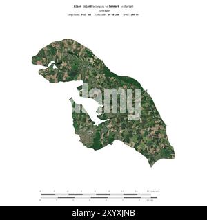 Île d'Alsen dans le Kattegat, appartenant au Danemark, isolée sur une image satellite prise le 18 mai 2024, avec échelle de distance Banque D'Images