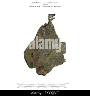 Île d'Amager dans le Kattegat, appartenant au Danemark, isolée sur une image satellite prise le 28 février 2023, avec échelle de distance Banque D'Images