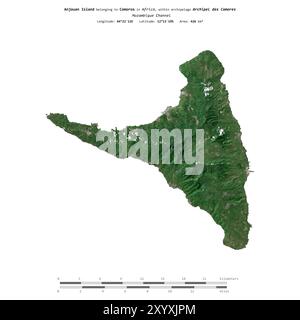 Île d'Anjouan dans le canal du Mozambique, appartenant aux Comores, isolée sur une image satellite prise le 21 février 2019, avec échelle de distance Banque D'Images