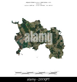 Île Anjwa-do dans la mer jaune, appartenant à la Corée du Sud, isolée sur une image satellite prise le 12 janvier 2023, avec échelle de distance Banque D'Images