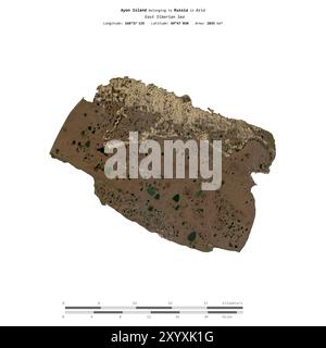 Île d'Ayon dans la mer de Sibérie orientale, appartenant à la Russie, isolée sur une image satellite prise le 8 septembre 2018, avec échelle de distance Banque D'Images
