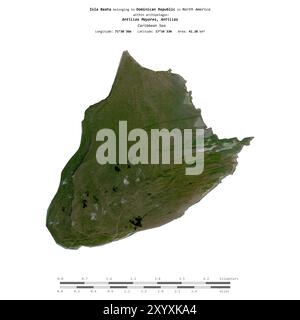 Isla Beata dans la mer des Caraïbes, appartenant à la République Dominicaine, isolé sur une image satellite prise le 9 décembre 2023, avec échelle de distance Banque D'Images