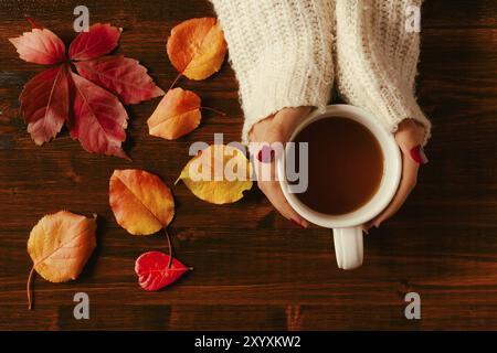 Femme mains tenant le feuillage d'automne et de tasse de thé sur une table sombre vu de dessus Banque D'Images