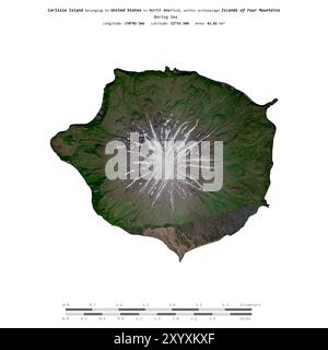 Île de Carlisle dans la mer de Béring, appartenant aux Etats-Unis, isolée sur une image satellite prise le 16 juin 2023, avec échelle de distance Banque D'Images