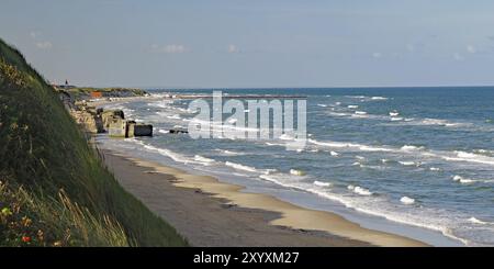 Vue sur la plage avec de douces vagues qui rodent contre le rivage, envahie par l'herbe et les dunes de sable, vestiges de vieux bunkers de la seconde Guerre mondiale, Banque D'Images