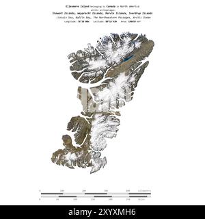 Île Ellesmere dans la baie de Baffin, appartenant au Canada, isolée sur une image satellite prise le 21 octobre 2020, avec échelle de distance Banque D'Images