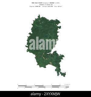 Dome Kyun Island dans la mer d'Andaman ou de Birmanie, appartenant au Myanmar, isolé sur une image satellite prise le 20 décembre 2023, avec échelle de distance Banque D'Images