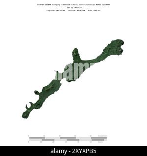 Île d'Iturup dans la mer d'Okhotsk, appartenant à la Russie, isolée sur une image satellite prise le 26 septembre 2023, avec échelle de distance Banque D'Images