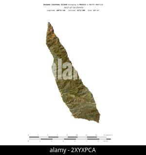 Île Jacques Cousteau dans le golfe de Californie, appartenant au Mexique, isolée sur une image satellite prise le 28 septembre 2023, avec échelle de distance Banque D'Images