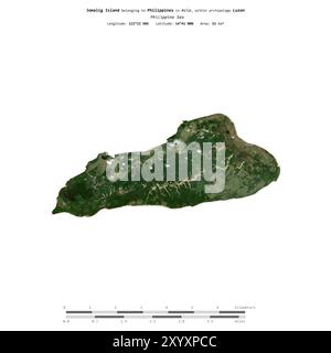 Île de Jomalig en mer des Philippines, appartenant aux Philippines, isolée sur une image satellite prise le 13 novembre 2020, avec échelle de distance Banque D'Images