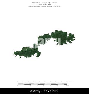 Île de Kadavu dans l'océan Pacifique Sud, appartenant aux Fidji, isolée sur une image satellite prise le 22 juillet 2023, avec échelle de distance Banque D'Images