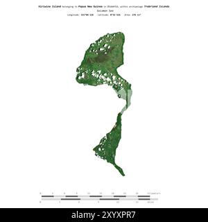 Île Kiriwina en mer de Salomon, appartenant à la Papouasie-Nouvelle-Guinée, isolée sur une image satellite prise le 27 octobre 2021, avec échelle de distance Banque D'Images