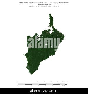 Petite île Nicobar dans la mer d'Andaman ou de Birmanie, appartenant à l'Inde, isolée sur une image satellite prise le 17 janvier 2022, avec échelle de distance Banque D'Images