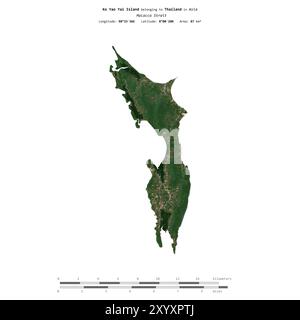 Île de Ko Yao Yai dans le détroit de Malacca, appartenant à la Thaïlande, isolée sur une image satellite prise le 18 février 2021, avec échelle de distance Banque D'Images