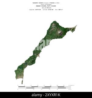 Île de Kunashir dans la mer d'Okhotsk, appartenant à la Russie, isolée sur une image satellite prise le 18 mai 2024, avec échelle de distance Banque D'Images