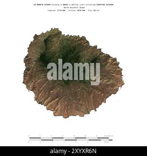 Île de la Gomera dans l'océan Atlantique Nord, appartenant à l'Espagne, isolée sur une image satellite prise le 16 novembre 2023, avec échelle de distance Banque D'Images