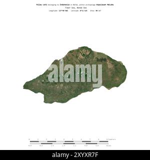 Pulau Leti dans la mer de Timor, appartenant à l'Indonésie, isolé sur une image satellite prise le 1er juillet 2020, avec échelle de distance Banque D'Images
