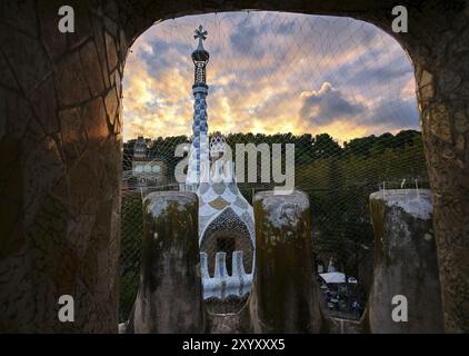 Park Guell House au coucher du soleil, à Barcelone Espagne Banque D'Images